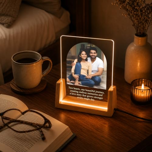 Image of Giftplease Personalized LED Acrylic Photo Frame with Custom Photo & Text | Engraved Acrylic Picture Lamp | Wooden Base | USB Warm LED Night Light | Anniversary, Wedding, Birthday, Couple, Home Decor