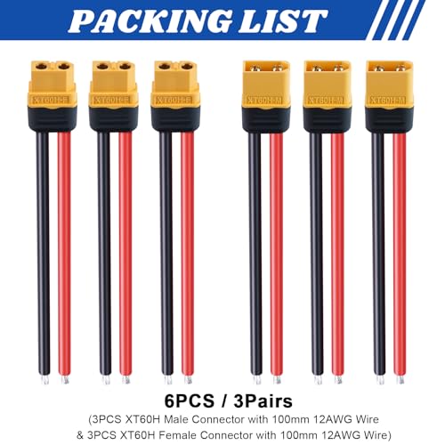 Yakomon 3 Pairs XT-60 XT60H Connector Plug Cable Male Female Connector Pigtail with 10cm 12AWG Silicone Wire Cable for RC Lipo Battery FPV Drone Car Boat - Thumbnail 5