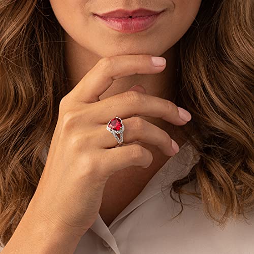 PEORA Created Ruby Signature Heart Ring for Women 925 Sterling Silver, Large 6.25 Carats Heart Shape 11mm, Sizes 5 to 92