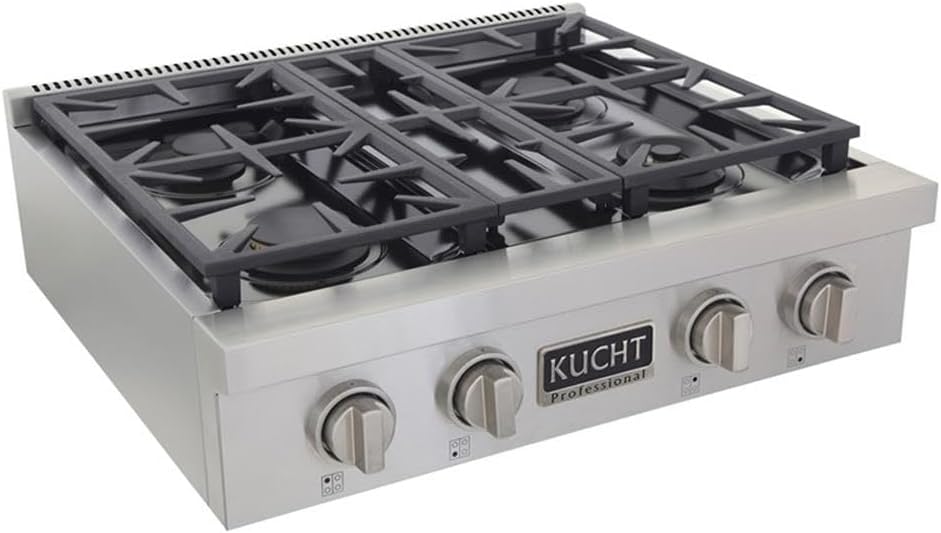 Pemberly Row 30" Propane Gas Range Top, Stainless Steel, Classic Silver Knobs, 4 Sealed Burners with Auto Ignition, Manual Controls, Continuous Grates, Durable Kitchen Cooktop