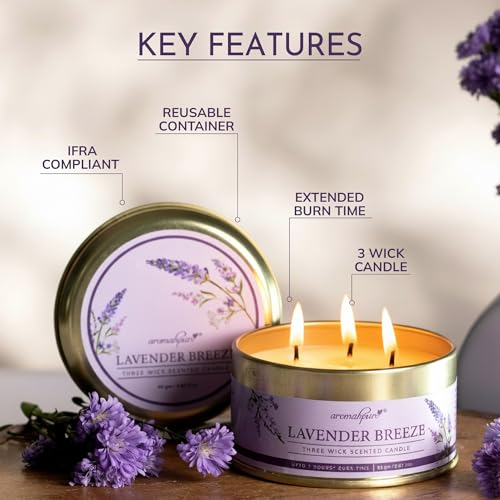 Image of Aromahpure Lavender 3 Wick Candle in Container with Lid | 85g | Burn Time 7 Hours | Scented Candle | Relaxing Aromatherapy Candles for Home Decor, Gifting, Bedroom & Spa