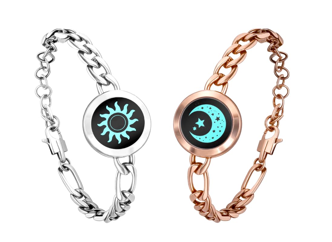 Sun and Moon Long Distance Touch Bracelets for Couples, Steel & Rose Gold Smart Matching Set, Vibration & Light Up, One-to-One Bluetooth App Pairing, Gift for Girlfriend Boyfriend (2 Pack)