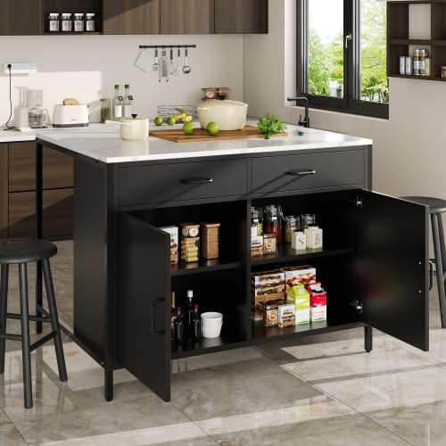 Merax Kitchen Island/Bar Table – Adjustable Kitchen Cabinet with Marble Pattern Tabletop, 2 Drawers & Shelves, Black Bar Table & Kitchen Sideboard for Living Room & Dining Room