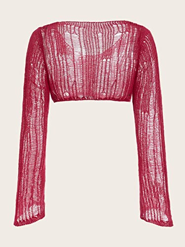 Image of Verdusa Women's Hollow Out Sheer Long Sleeve Sweater Knit Crop Pullover Top