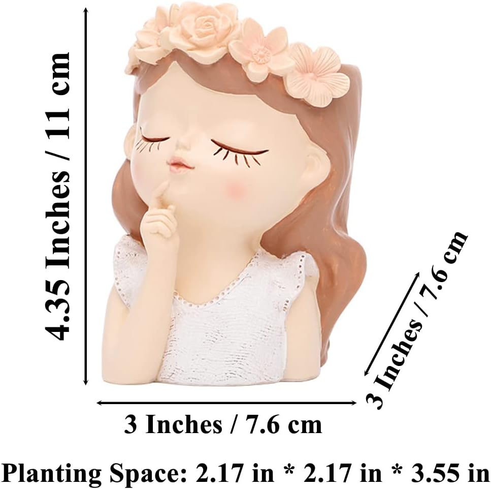 2 Pcs 4.35" Cute Head Planter Resin Succulent Planter Little Girl Flower Pot, Human Face Cactus Plants Container Bonsai Holder Thumb Pot Fairy Figurine Statue Planters with Drainage Decor Gift
