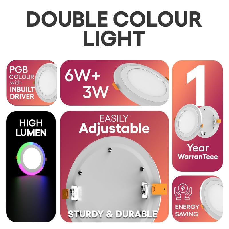 Image of elleys' Chroma Multicolour Ceiling Light | Concealed LED 3 in 1 Light Modes (6+3 Watt) | Ceiling Light for Home & Office | Recessed Led Downlighter |Cut-Out:125mm|Color - White & Multicolur Pack 10