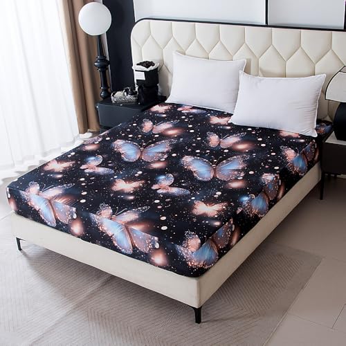 Image of Bedding Fitted Sheet with Deep Pocket,3D Pattern Printed Fabric Bed Sheets (Black Butterfly, Full)