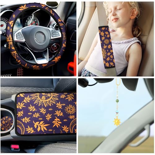 17 Pcs Sun and Moon Car Seat Covers Sun and Moon Car Accessories Full Set for Women Men Automotive Rear Front Seat Protector View Mirror Hanging Ornament Steer Wheel Belt Cover
