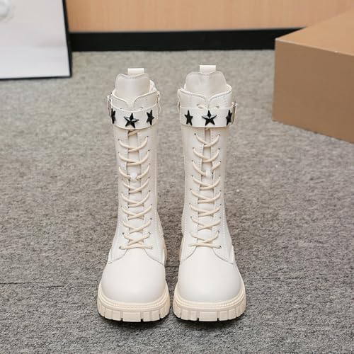 Girls' Boots Mid Calf Combat Cowboy Boot Lace Up Side Zipper Platform Riding Booties Punk Goth PU Leather Combat Boot 4-12T4