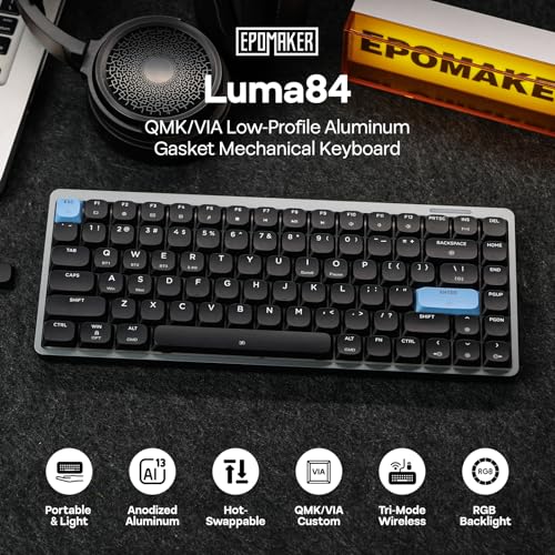 Image of EPOMAKER Luma84 Low Profile Aluminum Mechanical Keyboard, QMK /VIA Programmable, Tri-Mode Wireless, Win /MAC /Linux Compatible, RGB Backlight (Black&Blue, Gateron Low-Profile Red Switch)