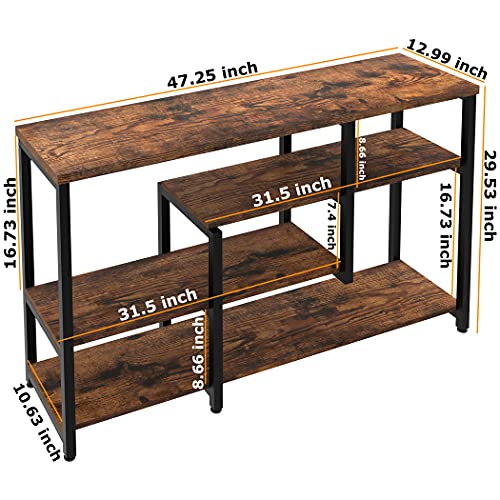 LAVIEVERT 4-Tier Console Table, Industrial Narrow Long Sofa Table with Open Storage Shelves for Living Room, Entryway, Hallway, Foyer - Rustic Brown, 47 Inch