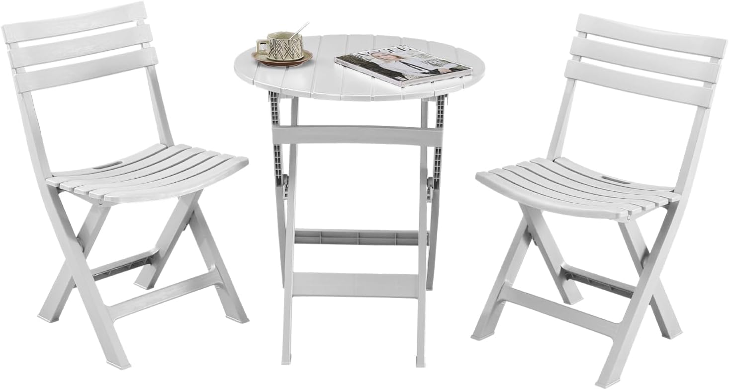 BOOSDEN 3 Piece Patio Bistro Sets, Bistro Table and Chairs, Foldable Patio Set, 2 Plastics Folding Chairs and Round Table for Outdoor Balcony, Porch, Lawn, Garden, Patio, White