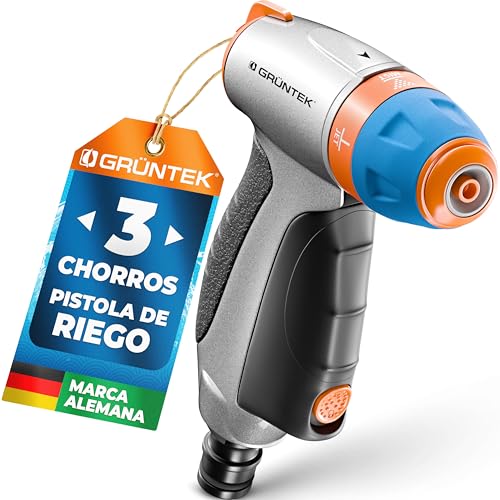 GRÜNTEK Pistola de Riego Jardín de Metal - con Chorro Alta Presion para Coches y Riego Pulverisador para Flores y Plantas - con Bloqueo para no cansar la Mano.