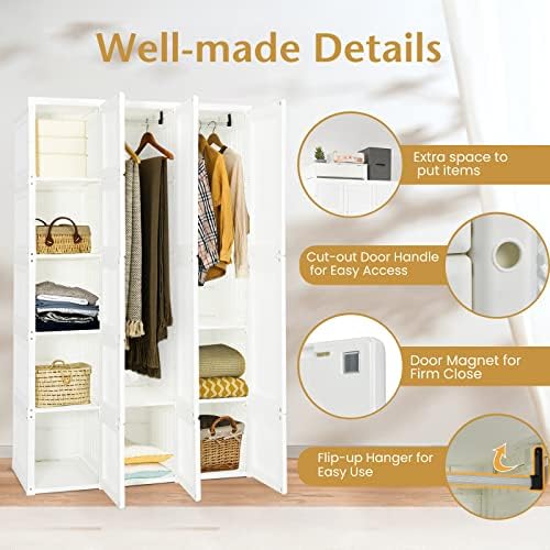 COSTWAY Portable Folding Closet, 8/12/15 Cube Wardrobe Clothes Storage Organizer with Door, Space Saving Fold Up Bedroom Armoire for Clothes, Shoes and Toys (15 Cubes+2 Hanging Rails)