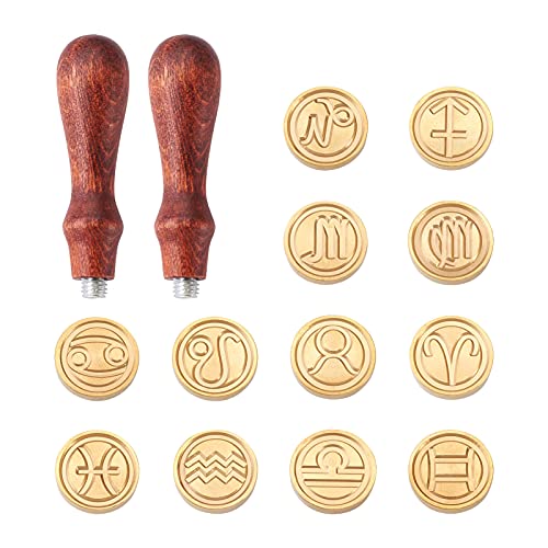 Cheriswelry 14pcs 12 Constellations Wax Seal Stamp Zodiac Signs Stamps with Retro Wooden Handle for Wedding Cards Scrapbook Envelope Decoration Gift Packing 25mm