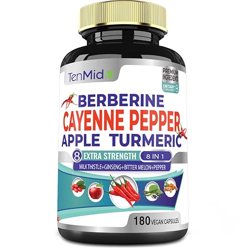 Tenmido Cayenne Pepper Supplements & Berberine, Apple, Turmeric Curcumin, Bitter Melon, Ginseng, Milk Thistle | Supports Heart Health, Promotes Digestive Function | 180 Extract Capsules