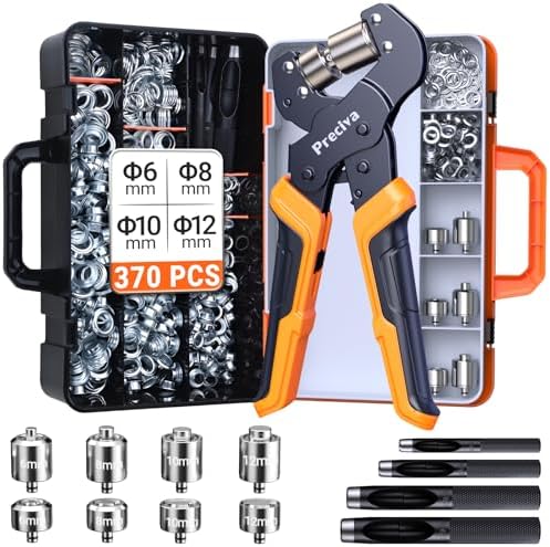 Preciva 4-Size Grommet Tool Kit - 6mm 8mm 10mm 12mm Hole Punch & Eyelet Setting Tool with 370Pcs Grommets | Handheld Eyelet Plier for Tarps, Tents, Canvas, Vinyl & Leather Crafting