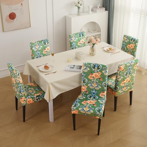 Image of HOKIPO Premium Printed Velvet Dining Chair Cover Set of 6, Green Victorian Garden (AR-5794-D4*6)
