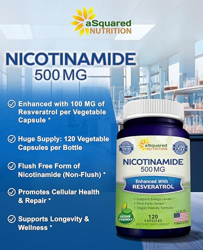 asquared nutrition nicotinamide with resveratrol - 120 veggie capsules - vitamin b3 500mg niacinamide flush free - supplement pills to support nad skin cell health amp energy