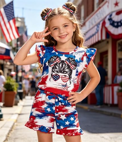 Image of Barlver Girls 2 Piece Short Set Baby Girl Summer Clothes Ruffle Sleeve T-Shirt and Bow Knot Shorts Toddler Girl Outfit Set
