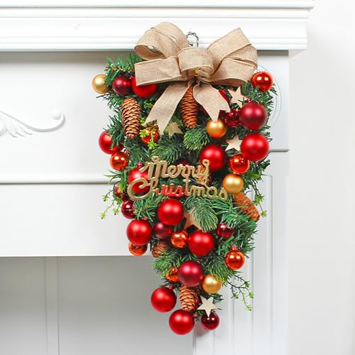 Couronne de Noël larme抗褪色无落叶装饰，带大红蝴蝶结与挂球