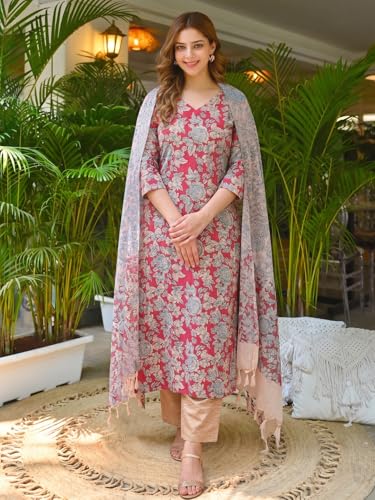 Image of ANNI Designer Cotton Blend Printed Straight Kurta with Pant and Dupatta for Women | Cotton Blend Pink | 3 /4 Sleeve | V-Neck | Ethnic Wear Casual Wear