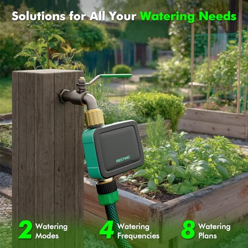 RESTMO Smart Sprinkler Timer with Flow Meter, Water Timer for Garden Hose, Brass Inlet & Outlet, Automatic Lawn & Yard Irrigation Watering System, APP Remote Control (RF Hub + WiFi Connection)