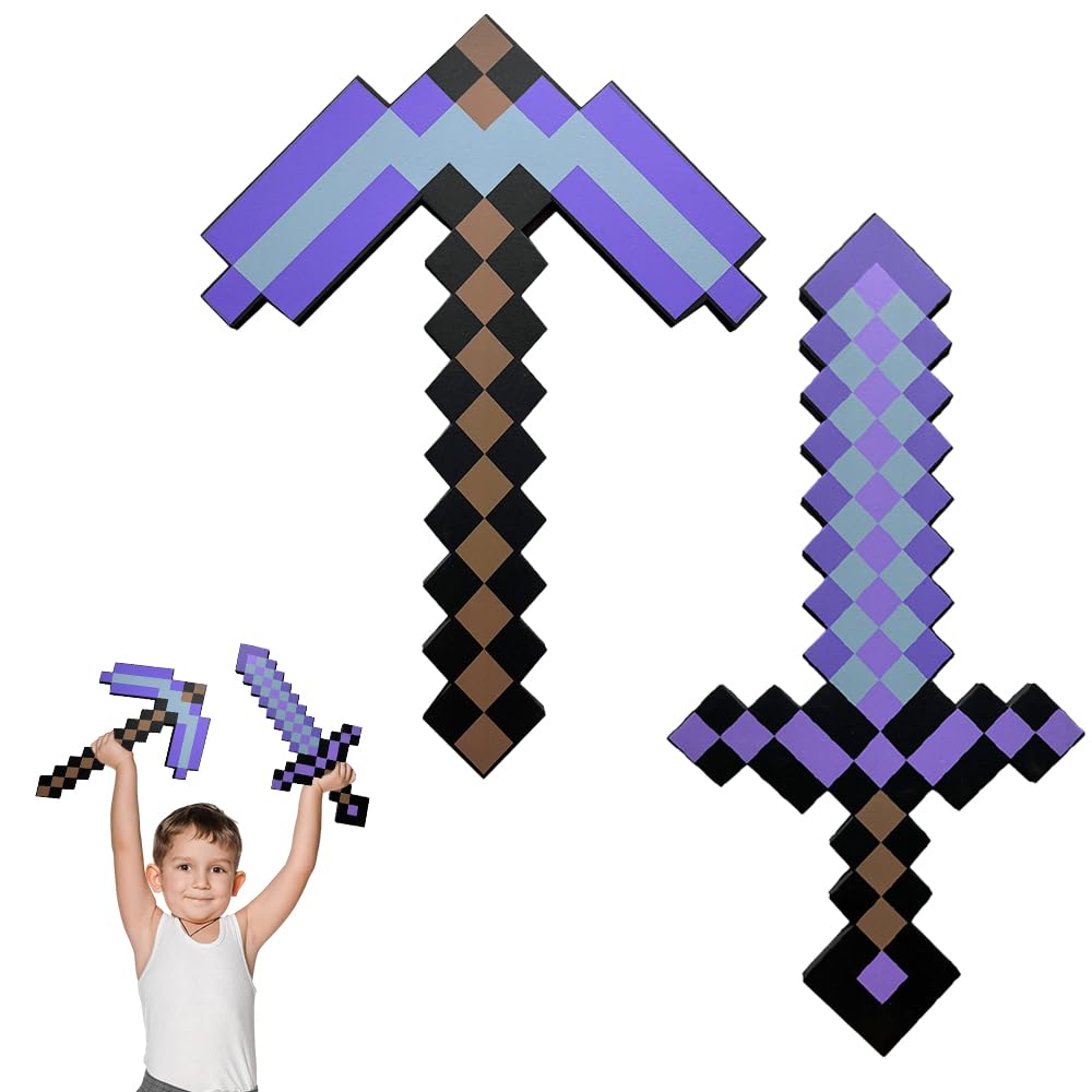 Dhqkqg Pickaxe and Sword Toys, 2 Pack Foam Sword and Pickaxe, Kids Role-Play Battle Accessory, Foam Weapon Toy Gifts for Video Game Fans Kids Children's Day Halloween Christmas Purple