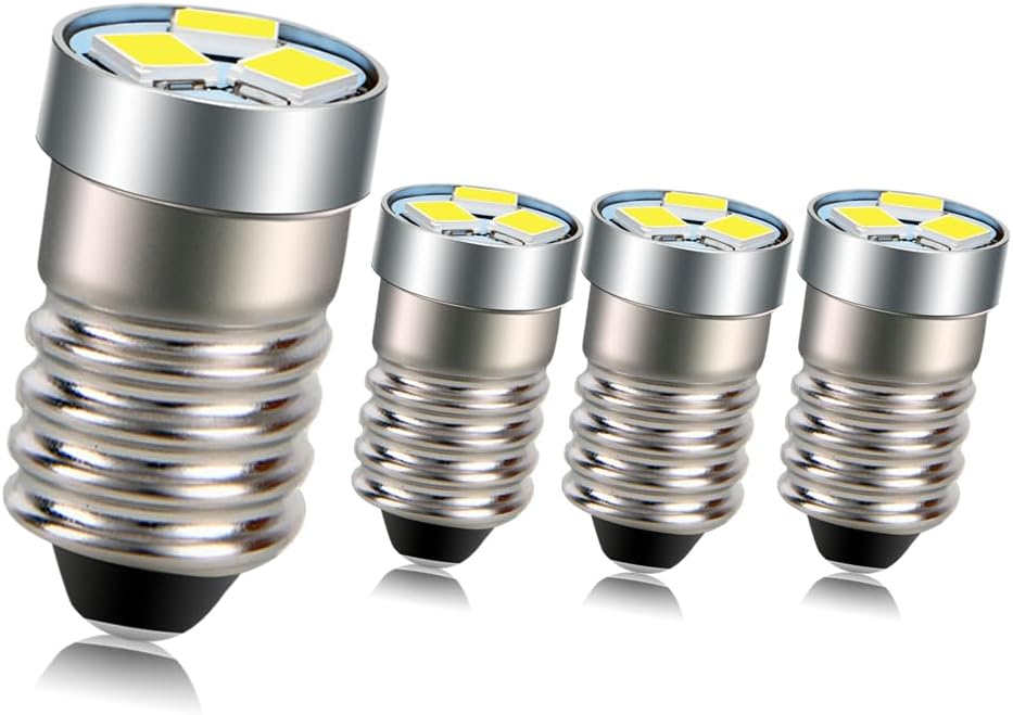 Ruiandsion 4-Pack E10 LED Bulbs 3V 6V 12V Miniature 3030 3SMD 300LM White Non-Polarity AC/DC for Flashlights Torch Lanterns Hobby Projects (12V)
