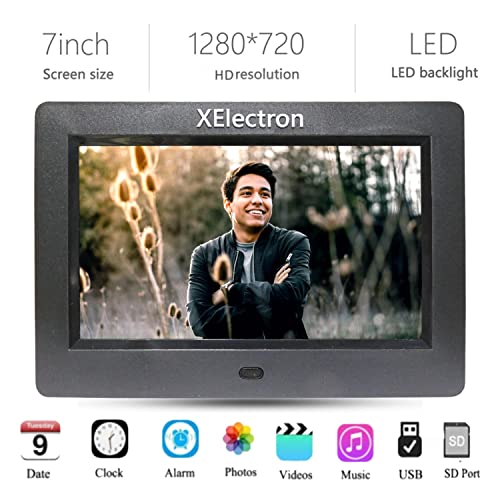 Image of XElectron 7 inch Digital Photo Frame with HD Display, 2GB RAM, 180 Wide Angle View, Auto Rotate, Play Photos, Videos, Music, Clock, Calendar and Slideshow with Remote (Black)