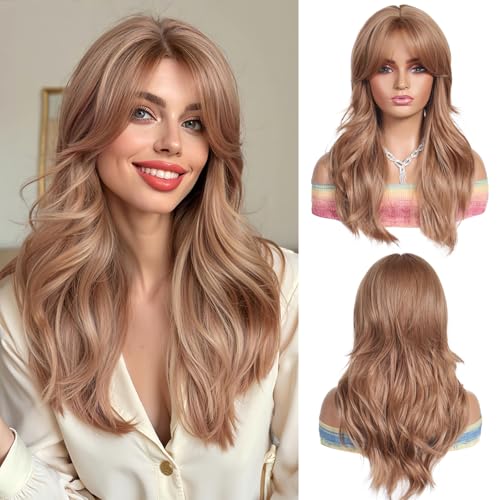 OUFEI Long Strawberry Blonde Wig With Curtain Bangs Natural Wavy Wigs for Women Natural Synthetic Hair Heat Resistant Wigs for Daily Party Cosplay Wear