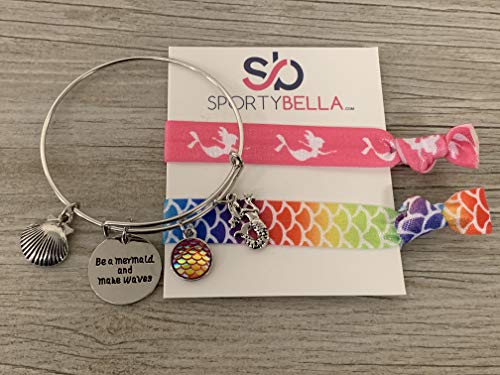 Image of Sportybella Mermaid Gift Set, Charm Bangle Bracelet and Hair Ties, Pink Mermaid Jewelry- Gift For Her