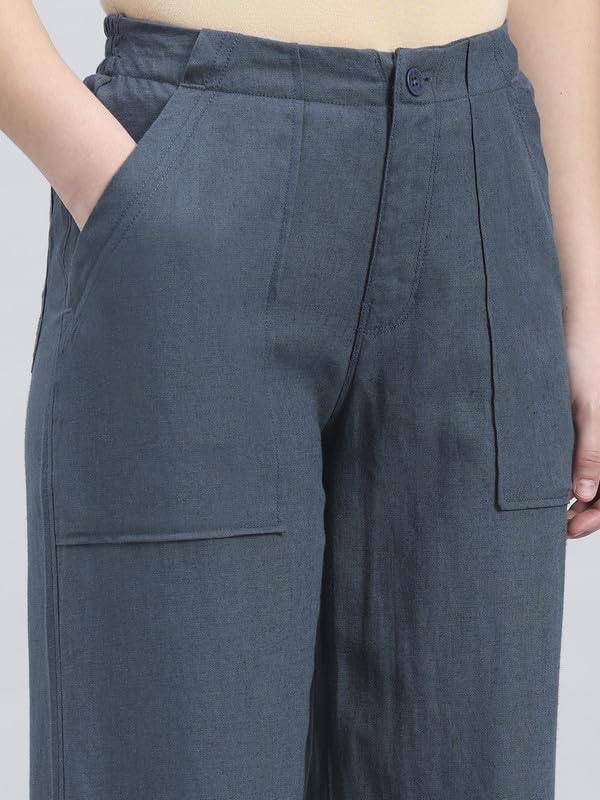 Image of GO COLORS Solid Linen Cargo Pants for Women | Full Length, Mid Rise, Side Pockets
