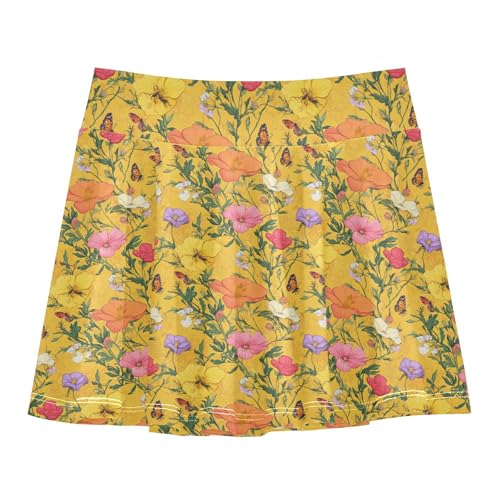 Gold Spring Flowy Little Girls Tennis Skirt with Built in Shorts Kids Pleated Tennis Skirt Skorts for Little GirlWith Pockets