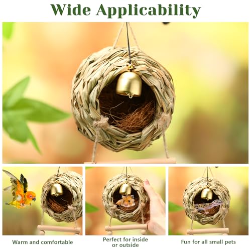 Image of Briwooody Hanging Bird Nest for Cage with Ladder Bell Natural Coir Fiber, Grass Hand Woven Hummingbird Finch House for Outside Breeding Nest Parakeet Bed for Budgie Canary Parrot Patio Lawn Garden