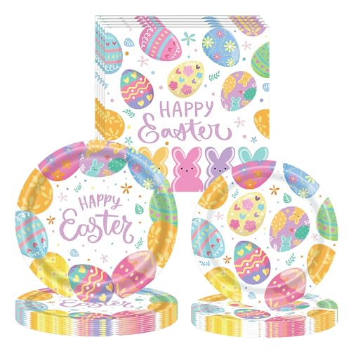 hhdatc 52 Pcs Happy Easter Party Tableware Set Disposable Plates Napkins with Colorful Eggs & Spring Flowers, Serves 16