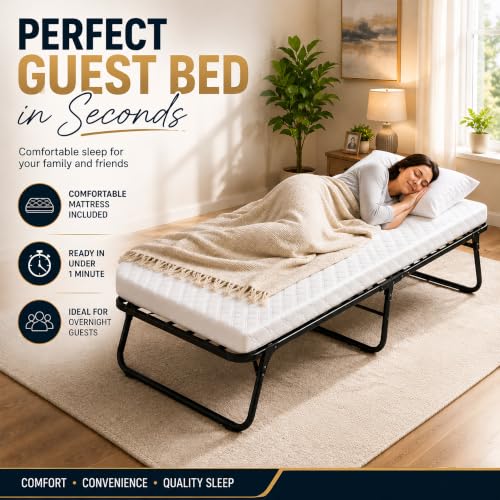 Greaton, 14″ Standard/Basic Folding Guest Bed with 3″ Memory Foam Mattress – Sturdy Metal Frame, Easy Access for Seniors, Underbed Storage, Comfortable Bed for Guests, 36″ Wide by Greaton - Used condition - Image 3
