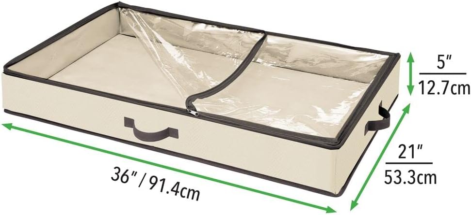 mDesign Soft Fabric Under Bed Storage Organizer Holder Bag for Clothing, Accessories, Linen - Easy-View Top Panel, Attached 2-Way Zippered Lid, Side Handles - Cream/Beige, Espresso Brown