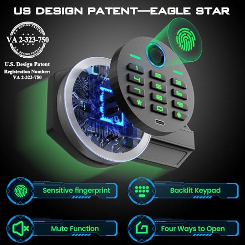 Kavey Biometric Fireproof & Waterproof Safe Box with Backlit Keypad, Dual Alarm System, Mute Function, Fingerprint Money Safe for Home Valuables