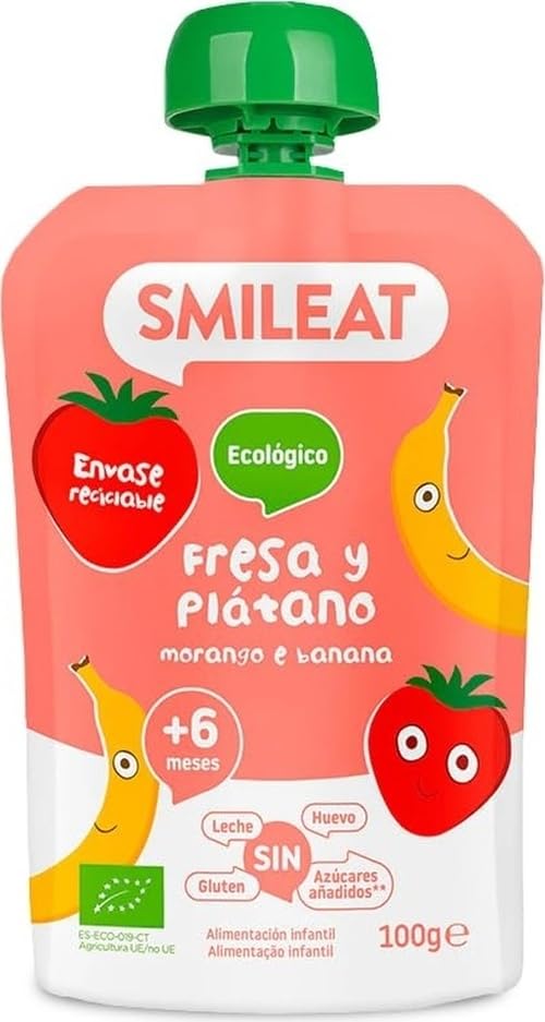 Postre lácteo infantil con puré de fresa y plátano Smileat bolsa 100 g