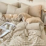 Michorinee Beige Gingham Grid Duvet Cover King Reversible Tan Plaid Checkered Pattern Washed Microfiber Quilt Cover Kingsize Bed Bedding Set with Zipper Closure and Pillow Cases 50x75 cm
