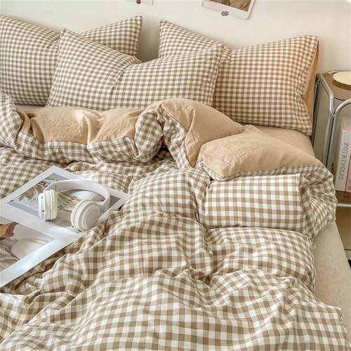 AShanlan Bettwäsche Kariert 135x200 Beige Karomuster Microfaser Bettwäsche-Sets und Kissenbezug 80x80 cm ÖkoTex Zertifiziert Bettbezug...