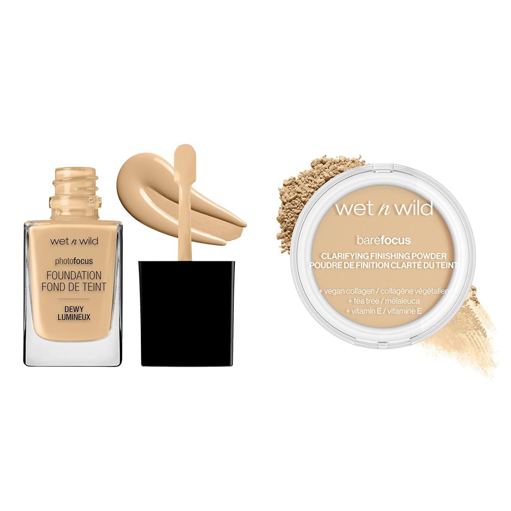 Photo Focus Dewy Liquid Foundation Makeup Buff Bisque & Bare Focus Clarifying Finishing Powder Light-Medium
