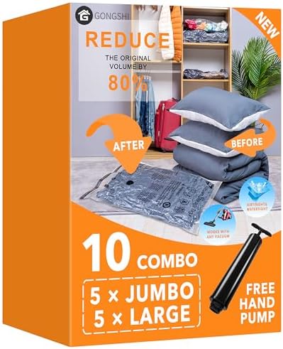 Vakuumbeutel für Kleidung, Bettdecken, Kissen & Matratzen | Platzsparende Aufbewahrungsbeutel, Luftdicht & Wiederverwendbar | Ideal für Reise, Lagerung und Haushalt,5 Jumbo 5 Large