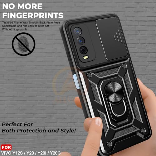 Image of Armor Bumper Back Cover Case for Vivo Y12s / Y20 / Y20i / Y20G | Rotating Camera Cover, Ring Holder & Kickstand | Heavy Duty & 360 Degree Protection Back Cover (Black)