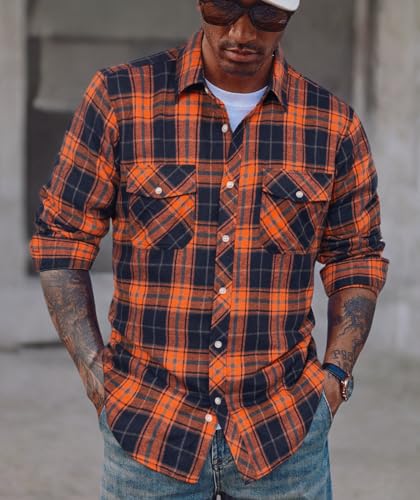 PJ PAUL JONES Flannel Shirt for Men Long Sleeve Button Down Untucked Plaid Shirts for Family Orange XL