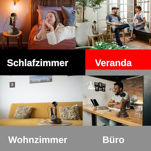 Opis 1921 Cable Modell C: Kerzenhalter Retro Telefon mit Wählscheibe im Antik Stil – wie EIN Historisches Nostalgie Vintage Festnetztelefon aus Holz mit Schnur und Metallglocke