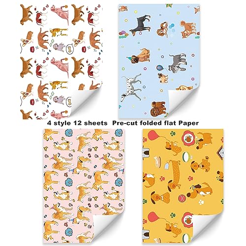 PlandRichW Puppy Wrapping Paper for Boys Men Girls Women Birthdays Recyclable 12 Folded Birthday Gift Wrapping Paper 4 Cute Puppy Designs, Each Sheet Pre-Cut 20 X 29 Inches