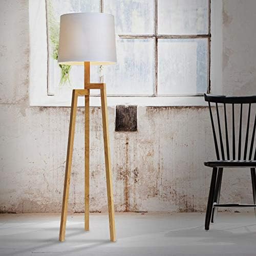 LITFAD Wood Tripod and Fabric Drum Shaded Floor Lamp in Designer Style LED Bedside Nightstand Lamp for Living Room Bedroom Hotel