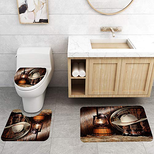 Olebety 4Pcs/Set Western Cowboy Shower Curtain, Waterproof Fabric Bath Curtain, Brown Rustic Barn Wooden Board Vintage Country Farmhouse Bathroom Decor, Non-Slip Bathroom Mat Toilet Rug, Boots & Hat #TOP4